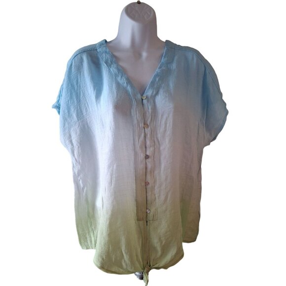 Zac & Rachel Women Tunic Top L Ombre Button Up Lightweight Summer Tie Front Boho - Picture 1 of 6